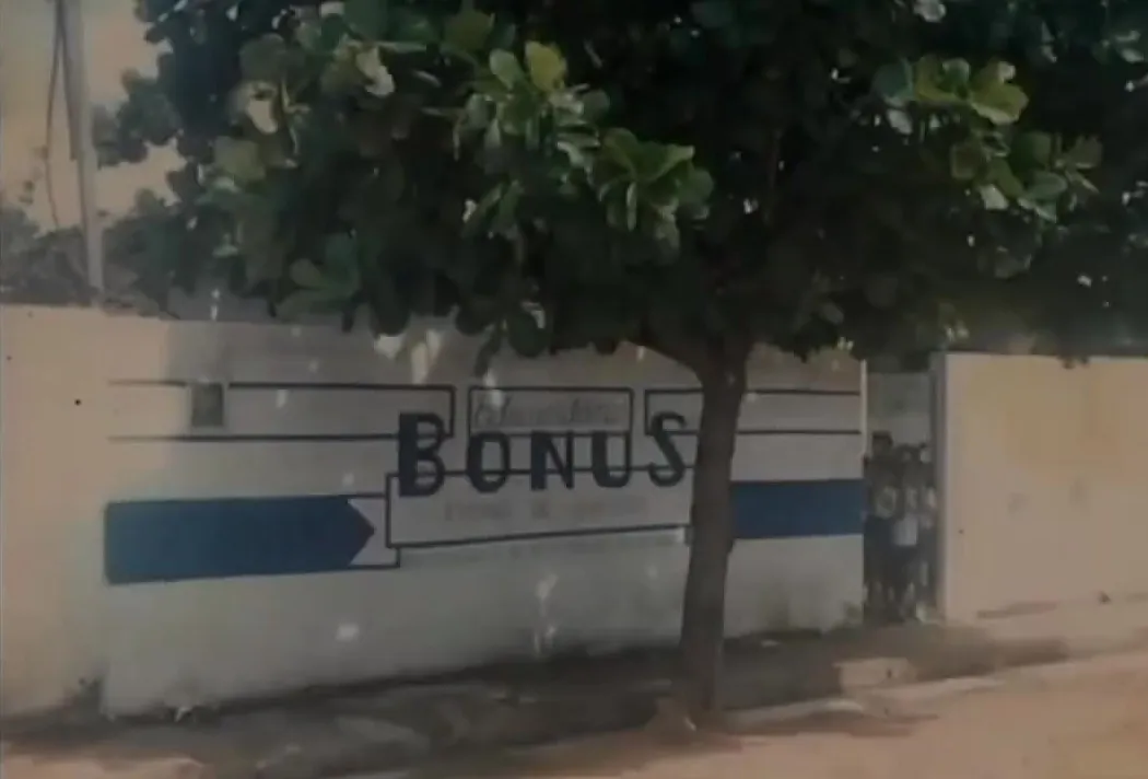 Foto antiga do muro da escola, pintado de branco e azul com o nome Bonus, sob uma árvore